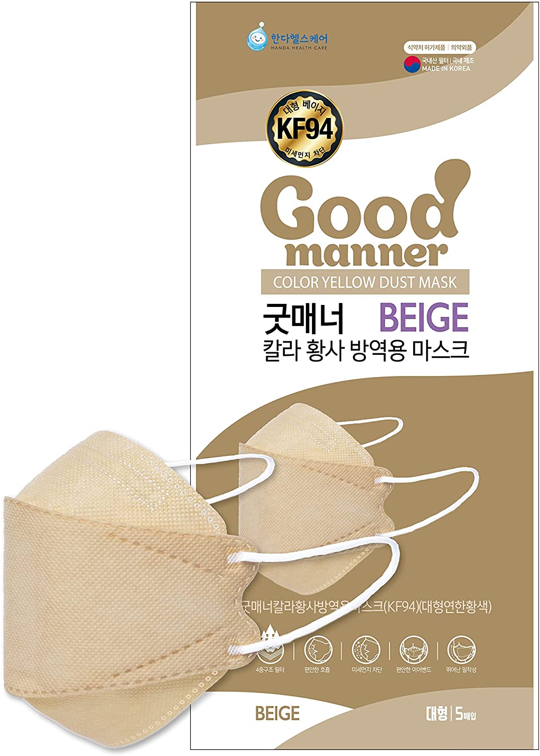 Good Manner Premium KF94 Disposable Face Masks (Pack of 5) - BEIGE